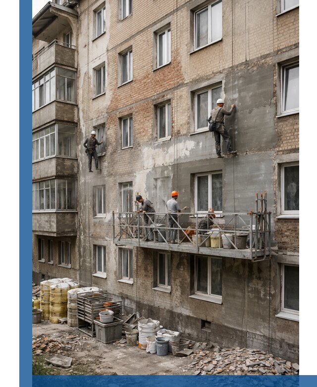 Капитальный ремонт фасада в Азнакаеве с восстановлением и гидроизоляцией