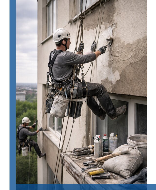 Косметический ремонт фасада зданий в Азнакаеве промышленными альпинистами