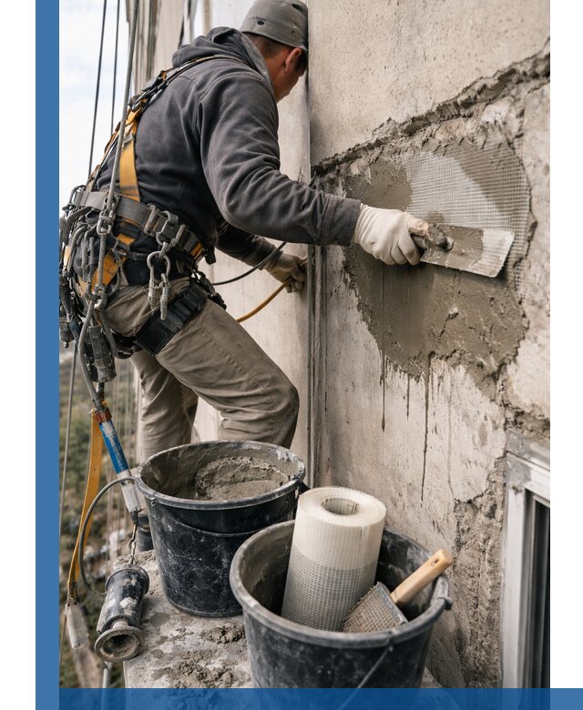 Ремонт бетонных элементов фасада промышленными альпинистами в Азнакаеве