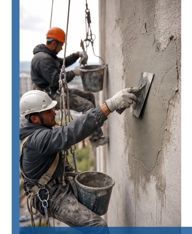 Штукатурка фасада на высоте в Азнакаеве профессиональные работы