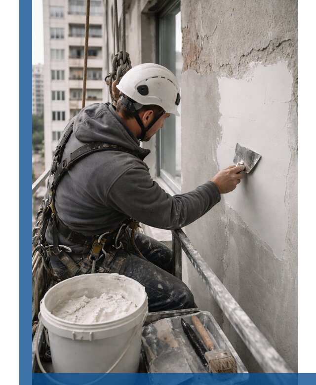 Шпаклевка фасадов на высоте с промальпинистами в Азнакаеве