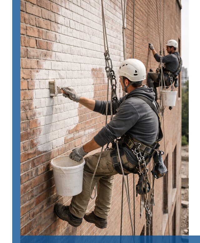 Покраска кирпичного фасада с доступным альпинистским сервисом в Азнакаеве