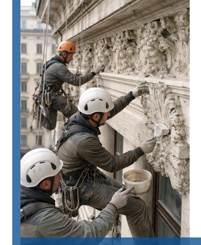 Реставрация фасадной лепнины с высотными работами в Азнакаеве