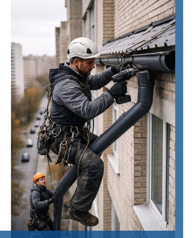 Монтаж водосточной системы на здании в Азнакаеве от 5131 р. | ВЫСОТНИК-Знк