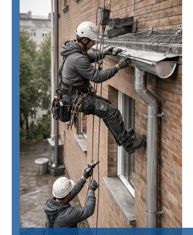 Монтаж водосточной системы на здании в Азнакаеве под ключ