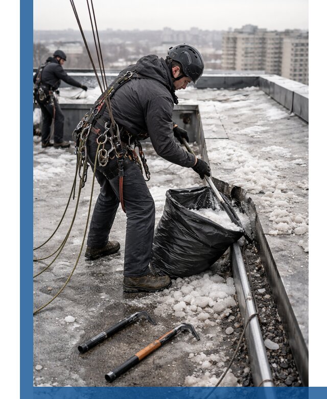Аварийная очистка кровли в Азнакаеве от промальпинистов