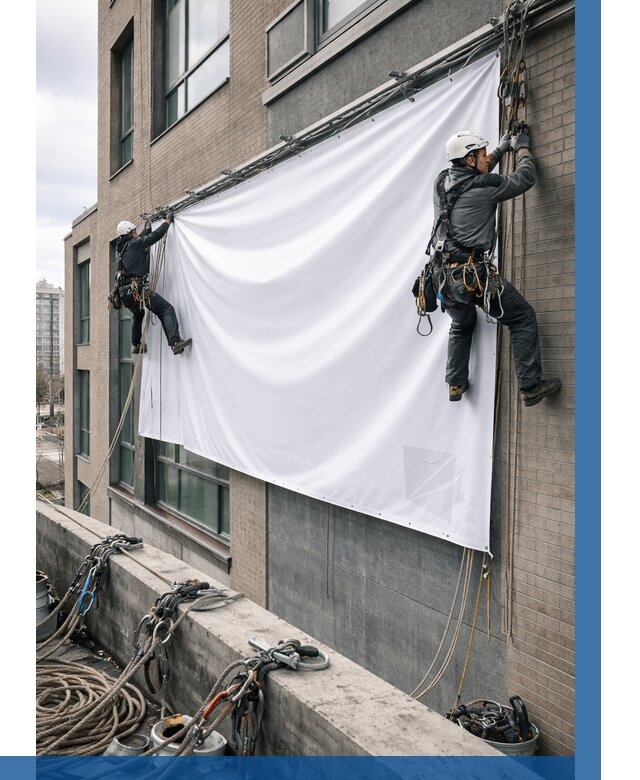 Монтаж баннеров на фасаде в Азнакаеве от 667 р. заказать ВЫСОТНИК-Знк