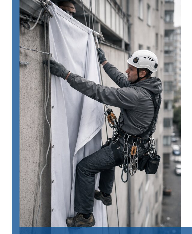 Замена баннерного полотна промышленными альпинистами в Азнакаеве