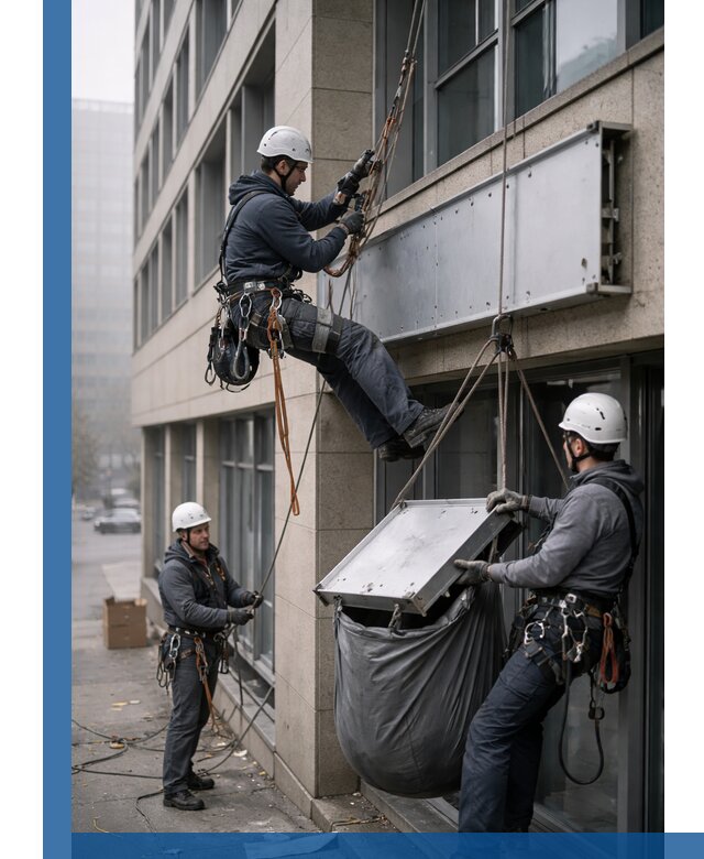 Демонтаж рекламной вывески с высотными работами в Азнакаеве