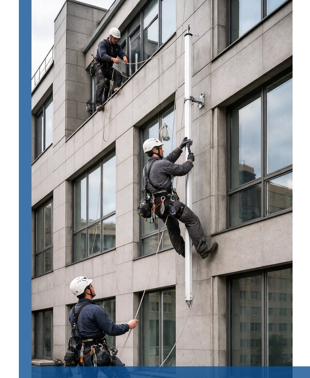 Монтаж флагштока на фасаде здания с креплением и герметикой в Азнакаеве
