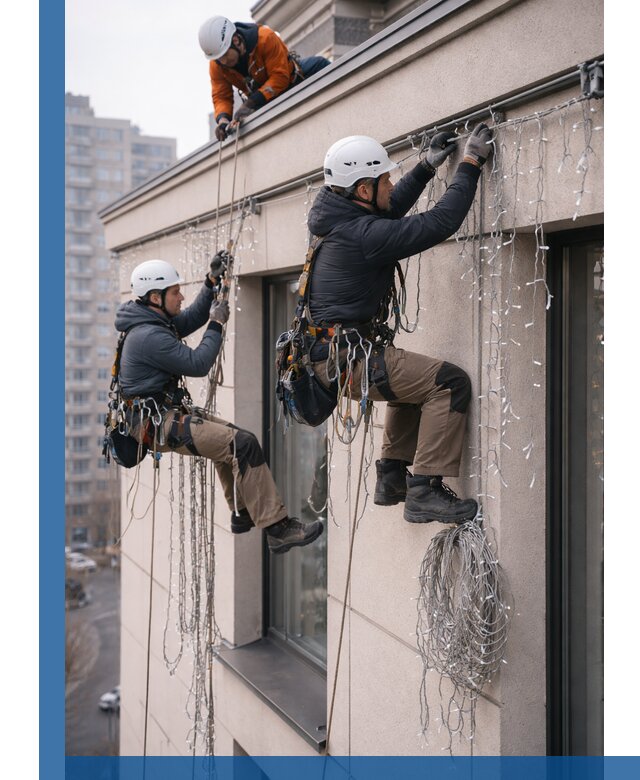 Монтаж праздничных гирлянд на фасаде в Азнакаеве для зданий