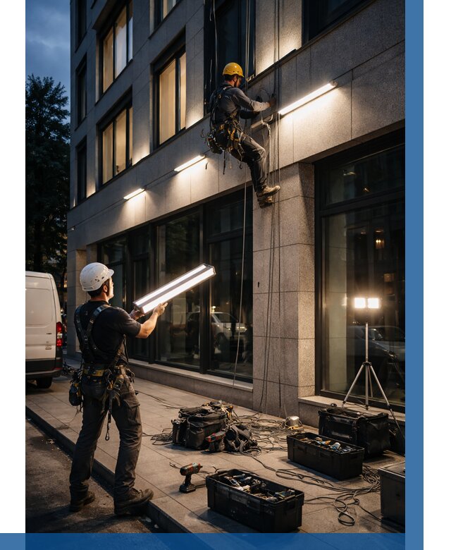 Монтаж архитектурной подсветки здания в Азнакаеве от 2566 р.|ВЫСОТНИК-Знк