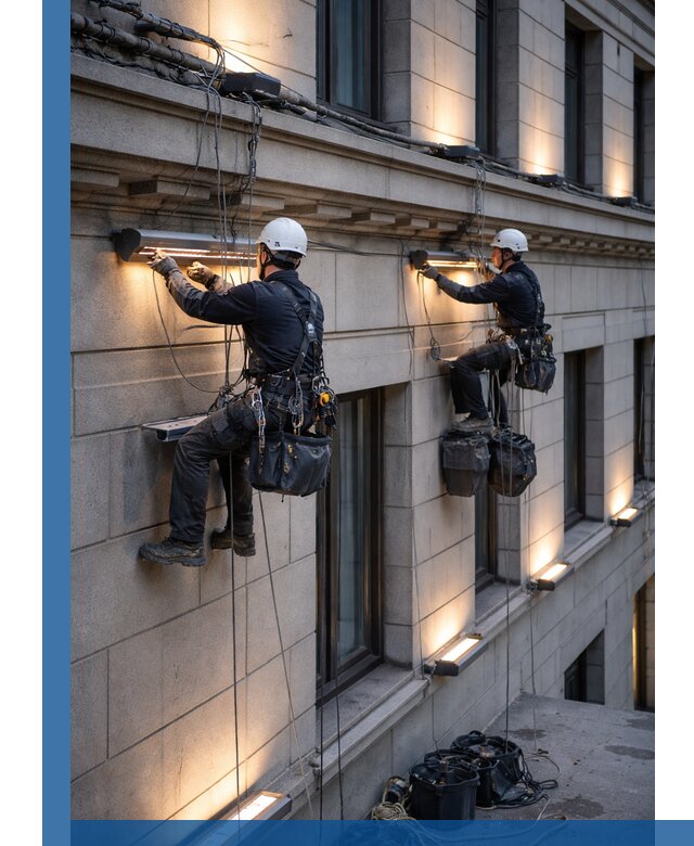 Монтаж архитектурной подсветки фасадов зданий в Азнакаеве