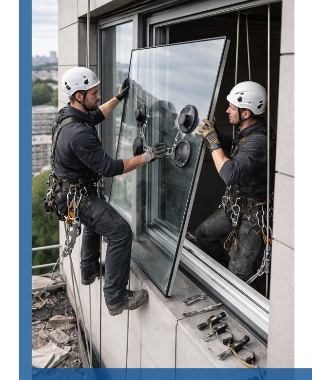 Замена стеклопакетов на высоте с промышленными альпинистами в Азнакаеве