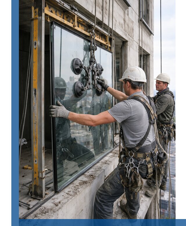 Монтаж стеклопакетов на высоте в Азнакаеве с промышленным альпинизмом