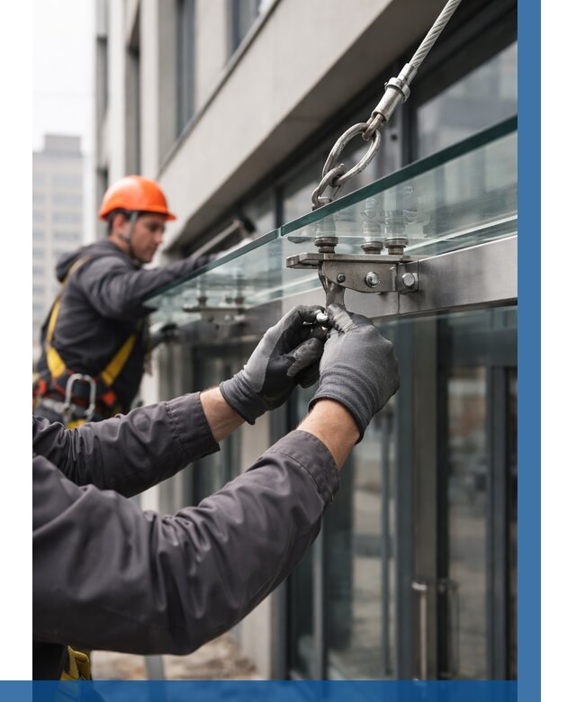 Монтаж стеклянных козырьков в Азнакаеве от 8723 р. | ВЫСОТНИК-Знк