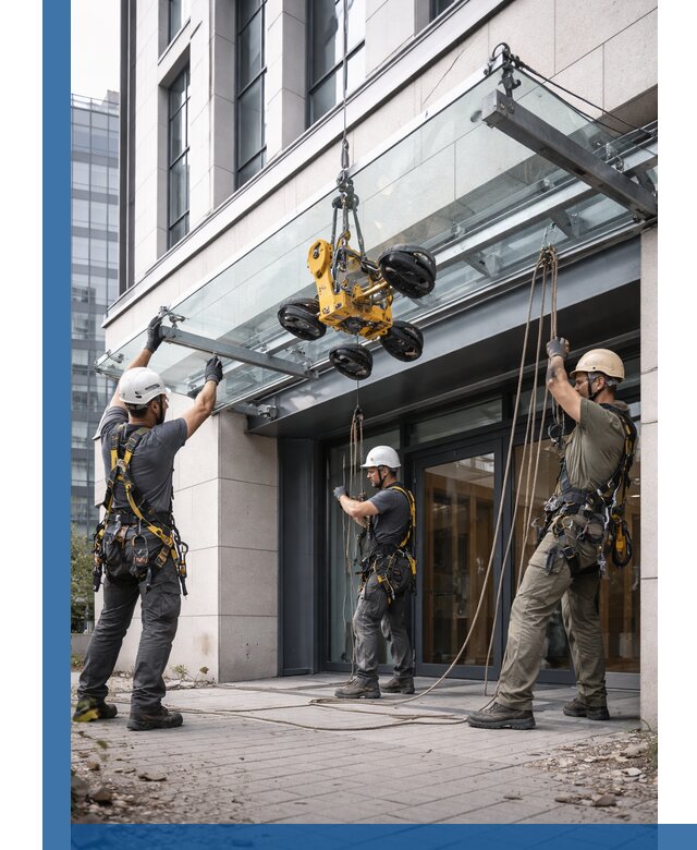 Монтаж стеклянных козырьков под ключ в Азнакаеве для зданий