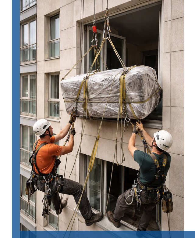 Подъем грузов через окно в Азнакаеве промышленными альпинистами