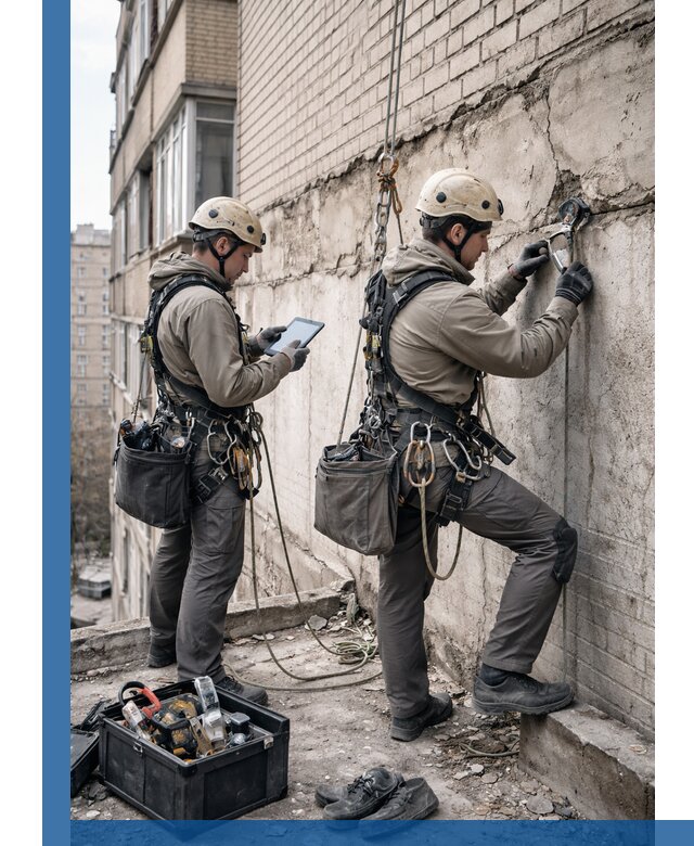 Обследование фасада промышленными альпинистами в Азнакаеве